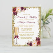Bridal Brunch Bubbly Burgundy Floral Gold Glitzer Einladung (Stehend Vorderseite)