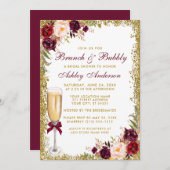 Bridal Brunch Bubbly Burgundy Floral Gold Glitzer Einladung (Vorne/Hinten)