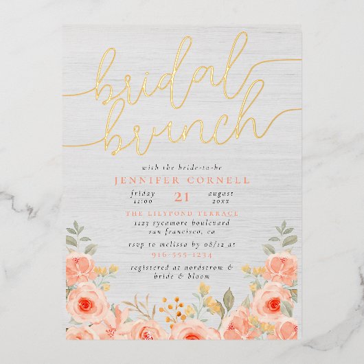 Bridal Brunch Handgemalte Rose & Skripte in Echtze Folie Einladungspostkarte (Vorderseite)