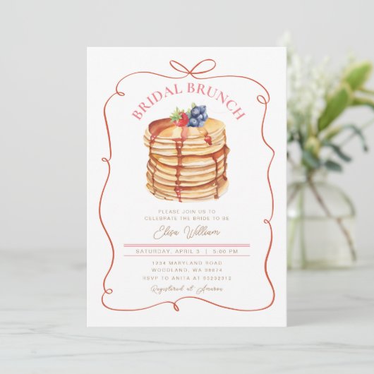Bridal Brunch Pancake Red Conquette Whimsical Einladung (Stehend Vorderseite)