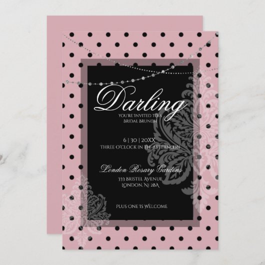 Bridal-Brunch rosa schwarze Polka-Punkte Save the  Einladung (Vorne/Hinten)