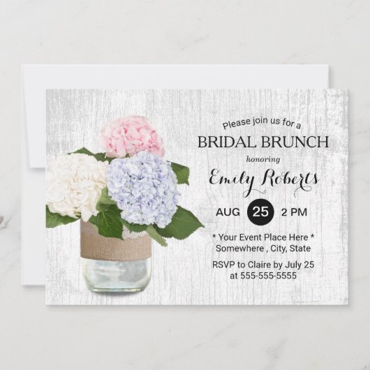 Bridal Brunch Rustic Hydrangea Floral Mason Jar Einladung (Vorderseite)
