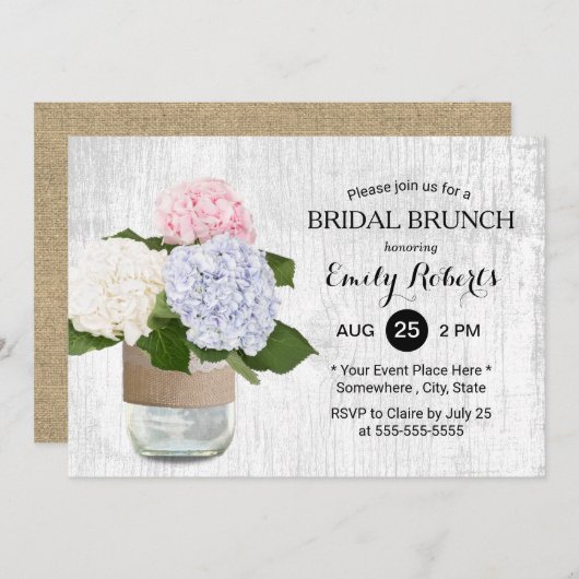 Bridal Brunch Rustic Hydrangea Floral Mason Jar Einladung (Vorne/Hinten)