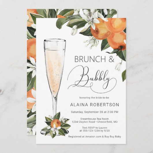 Bridal Brunch und Bubbly Orange Blossom Mimosa Einladung (Vorne/Hinten)