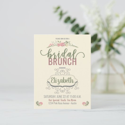 Bridal Brunch Vintage Rose Dusche Einladungspostkarte (Stehend Vorderseite)