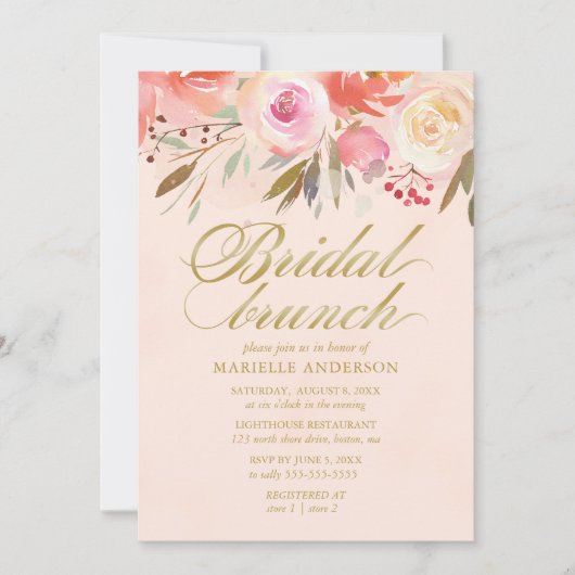 Bridal Brunch Wasserfarbe Blush Gold Script Einladung (Vorderseite)