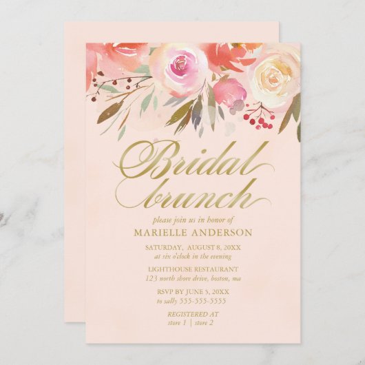 Bridal Brunch Wasserfarbe Blush Gold Script Einladung (Vorne/Hinten)