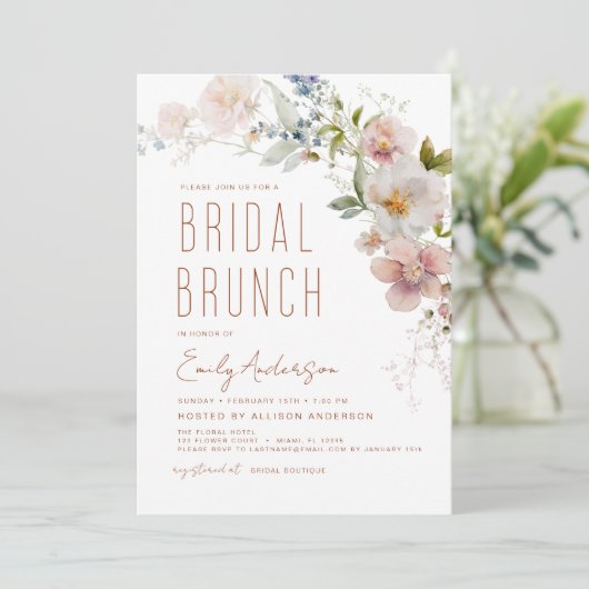 Bridal Brunch Wildblume Boho Elegante Dusche Einladung (Stehend Vorderseite)