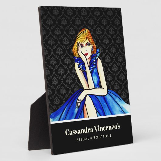 Bridal Dark Royal Blue Cocktail Gown Black Damask Fotoplatte (Seite)