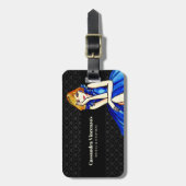 Bridal Dark Royal Blue Cocktail Gown Black Damask Gepäckanhänger (Vorderseite vertikal)