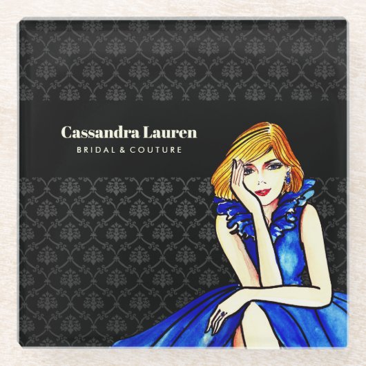 Bridal Dark Royal Blue Cocktail Gown Black Damask Glasuntersetzer (Vorderseite)