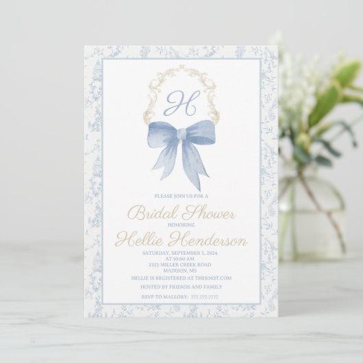 Bridal Dusche Einladung Blue Damask und Gold (Stehend Vorderseite)