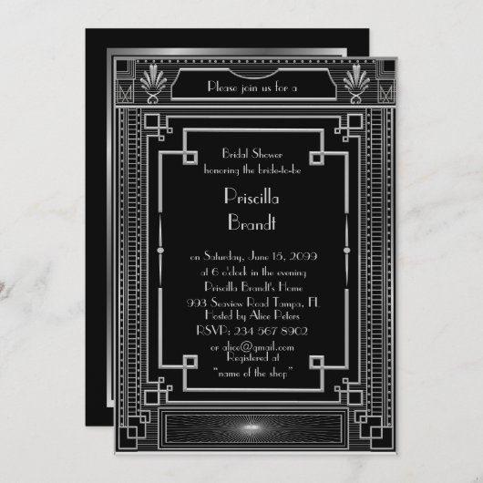 Bridal Dusche Einladung, großartige Gatsby schwarz Einladung (Vorne/Hinten)