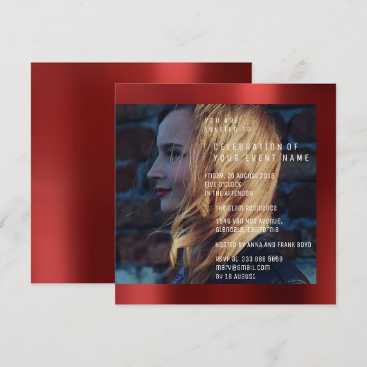 Bridal Foto Abschluss Geburtstag Ruby Red Metallic Einladung (Vorne/Hinten)