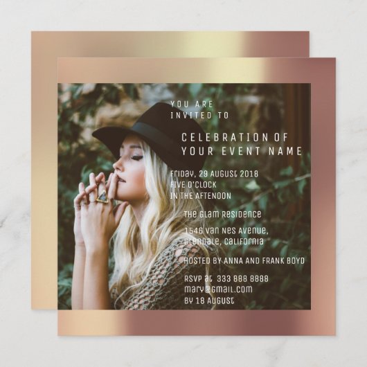 Bridal Foto Graduation Party Copper Rose Metallic Einladung (Vorne/Hinten)