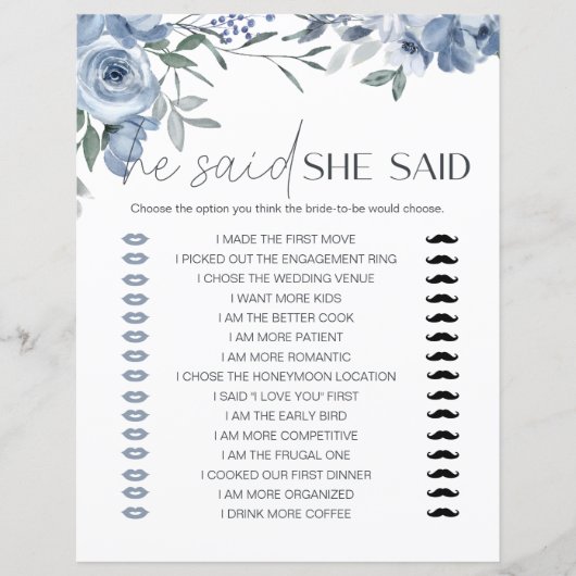 Bridal Game Er sagte, sie sagte dutzy blauen Blume (Vorderseite)