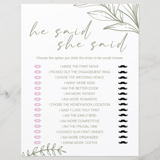 Bridal Game Er sagte, sie sagte Sage Boho Blume (Vorderseite)