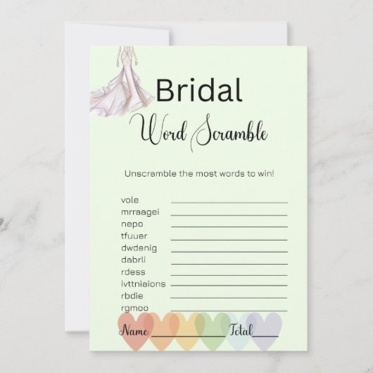 Bridal Gown Bridal Green Word Scramble Game Einladung (Vorderseite)