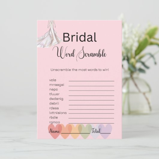 Bridal Gown Bridal Pink Word Scramble Game Einladung (Stehend Vorderseite)