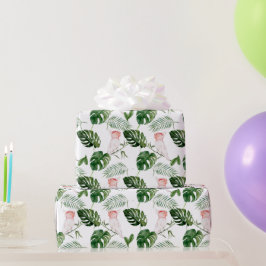 Bridal Green Watercolor Tropical Blätter Pink Bird Geschenkpapier