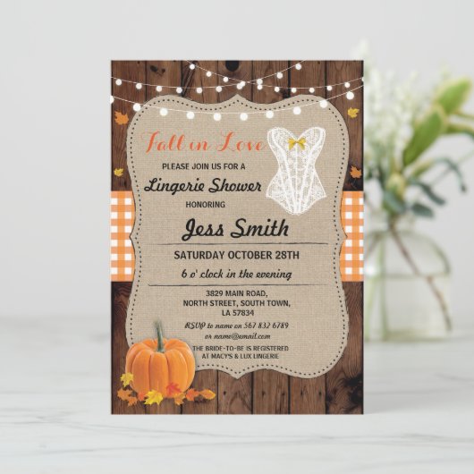 Bridal Lingerie Dusche Party Pumpkin Fall in Liebe Einladung (Stehend Vorderseite)