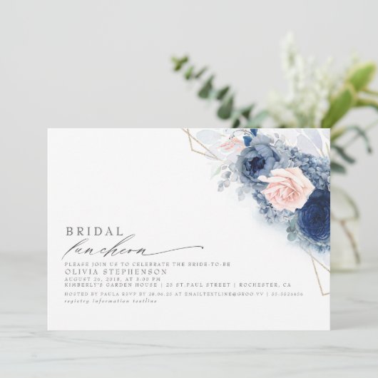 Bridal Luncheon Dusty Blue Pink Brautparty Einladung (Stehend Vorderseite)