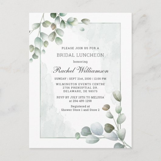 Bridal Luncheon Eukalyptus Greenery Watercolor Einladungspostkarte (Vorderseite)