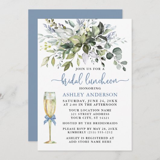 Bridal Luncheon Greenery Dusty Blue Glass Einladung (Vorne/Hinten)