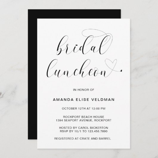 Bridal Luncheon, Moderne Schwarz-Weiß-Typografie Einladung (Vorne/Hinten)
