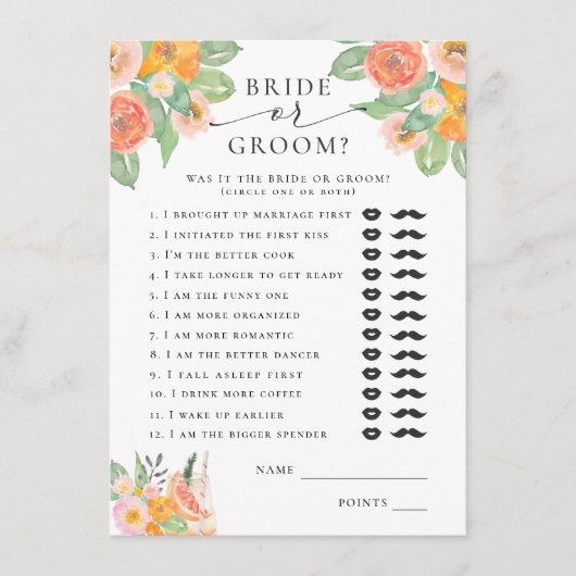 Bridal oder Groom Bright Cocktail Bridal Game Begleitkarte (Vorderseite)