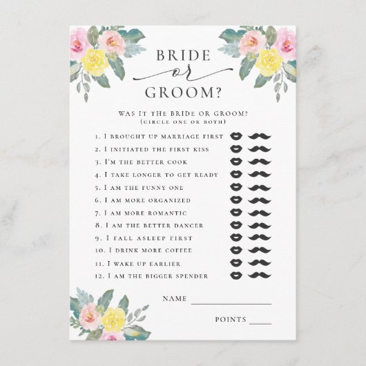 Bridal oder Groom Bright Cocktail Bridal Game Begleitkarte (Vorderseite)