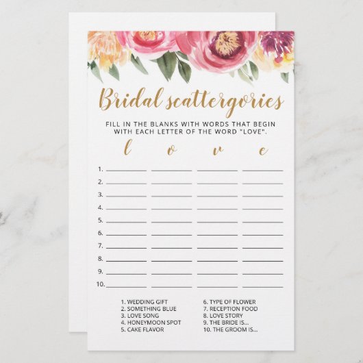 Bridal Scattergories bearbeitbares Brautparty (Vorne/Hinten)