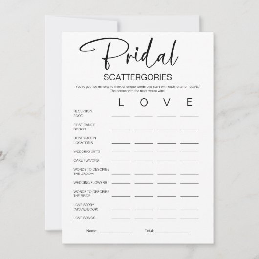 Bridal Scattergories Brautparty Game Einladung (Vorderseite)