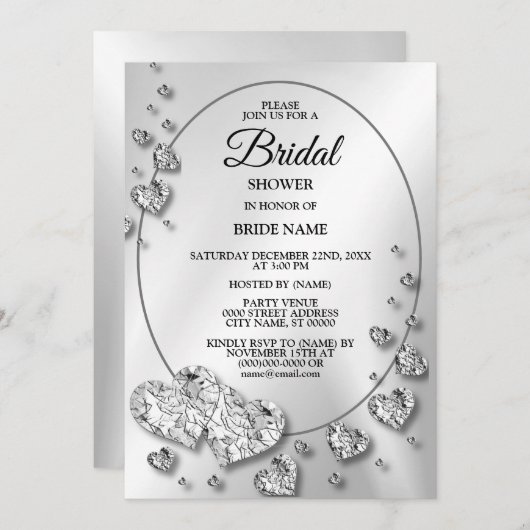 Bridal Show Party Silver Gray Shiny Hearts Elegant Einladung (Vorne/Hinten)