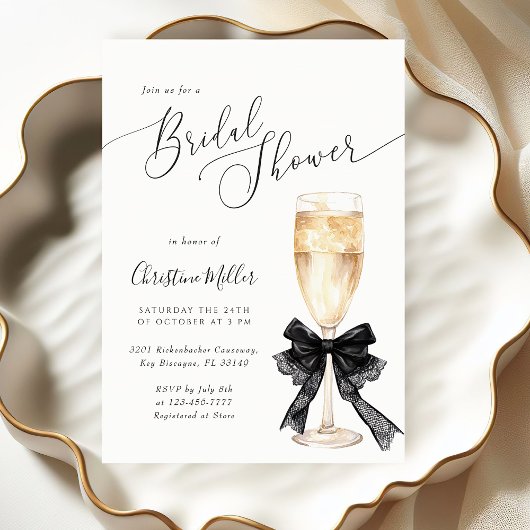 Bridal Shower Champagne Invitation with Black Bow Einladung