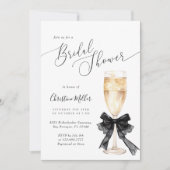 Bridal Shower Champagne Invitation with Black Bow Einladung (Vorderseite)