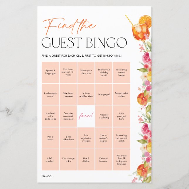 Bridal Shower Games Guest Bingo Citrus Spritz (Vorderseite)