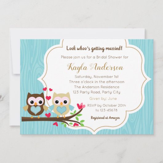 Bridal Shower Invitations (Blue Gold) mit Owls Einladung (Vorderseite)