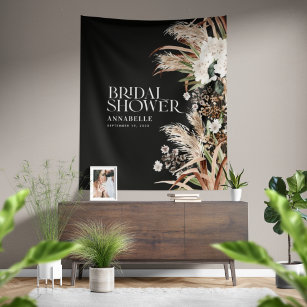 Bridal shower pampas modern elegant black wandteppich