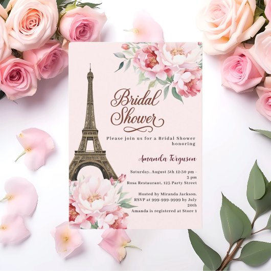 Bridal shower Paris Eiffel tower pink flowers Einladung
