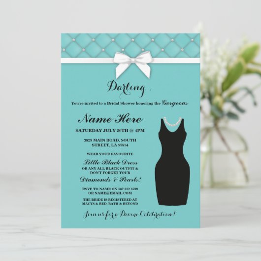 Bridal Shower Party Blue Black Dress Pearls Invite Einladung (Stehend Vorderseite)