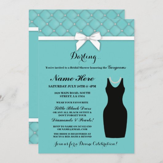 Bridal Shower Party Blue Black Dress Pearls Invite Einladung (Vorne/Hinten)