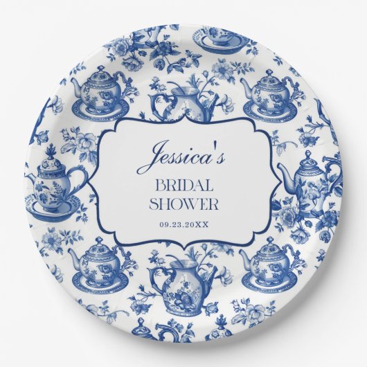 Bridal Shower Tea Party Blue White Chinoiserie Pappteller (Vorderseite)
