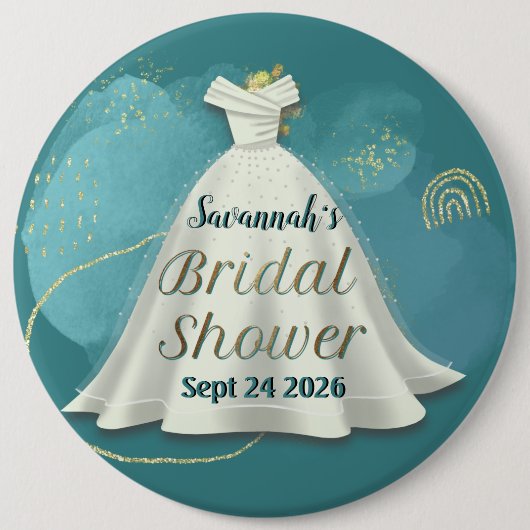 Bridal Shower Wedding Gown Deep Teal Gold Glitter Button (Vorderseite)
