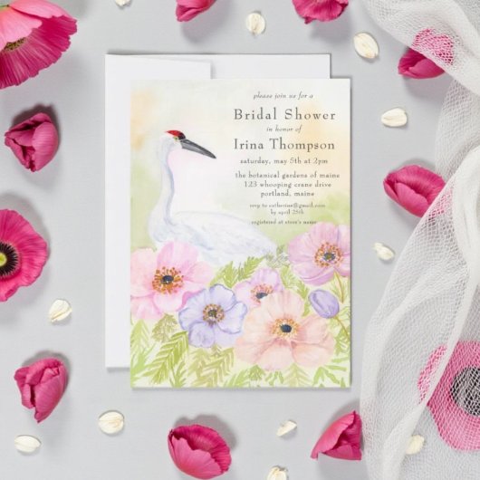 Bridal Shower Whooping Crane with Pastel Anemones Einladung
