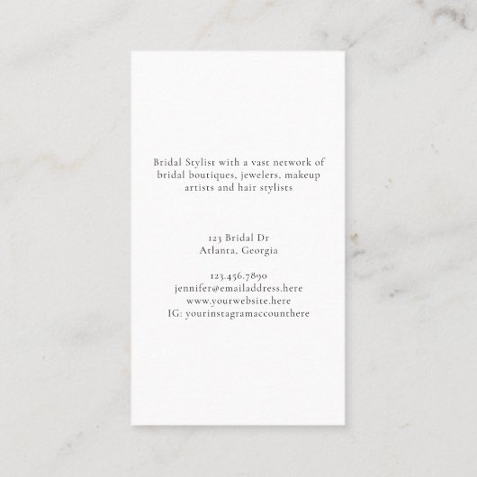 Bridal Stylist Wedding Dress Boutique Makeup Hair Visitenkarte (Rückseite)