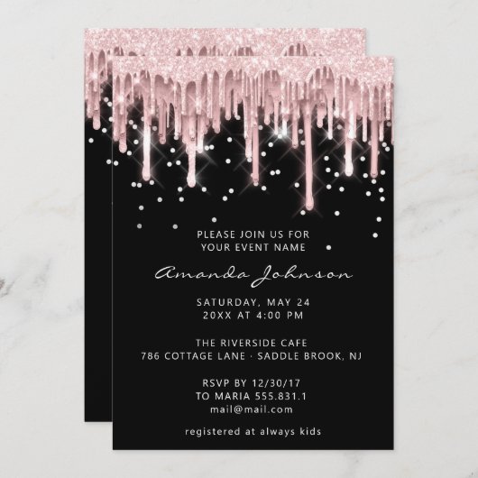 Bridal Sweet 16. Tropfen Rose Glitzer Spark Black Einladung (Vorne/Hinten)