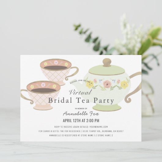 Bridal Tea Party Tea Pot VIrtual Brautparty Einladung (Stehend Vorderseite)