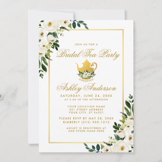 Bridal Tee Party Blumengrün Gold Einladung G (Vorderseite)