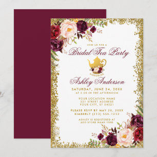 Bridal Tee Party Burgundy Gold Glitzer Einladung